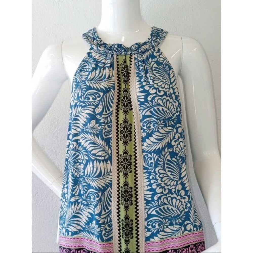 LOFT Teal and Cream Floral Halter with Olive Center Stripe
